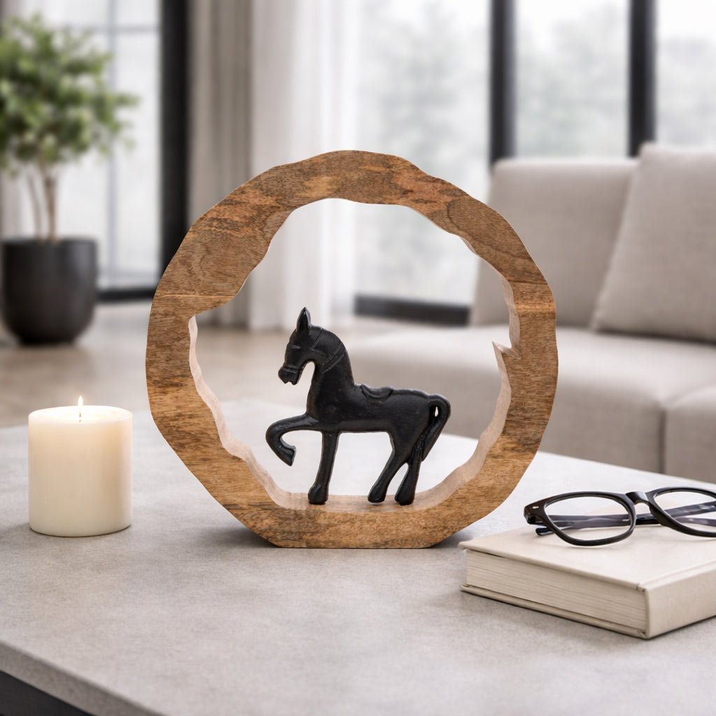 11x11" Horse In Wood Round, Black/natural Table Decors| Sagebrook Home