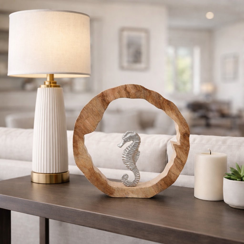 11x11" Seahorse In Wood Round, Silver/natural Table Decors| Sagebrook Home