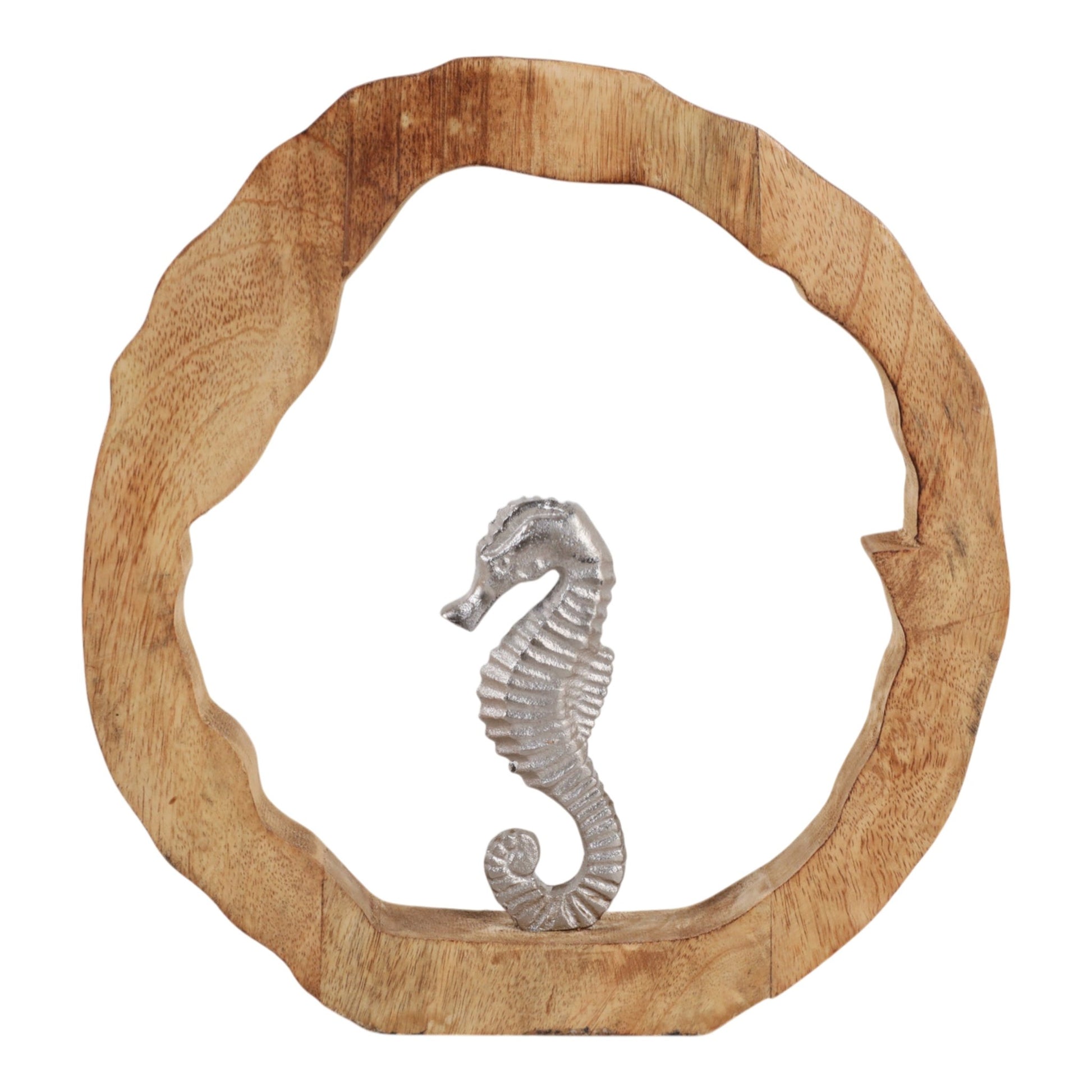 11x11" Seahorse In Wood Round, Silver/natural Table Decors| Sagebrook Home