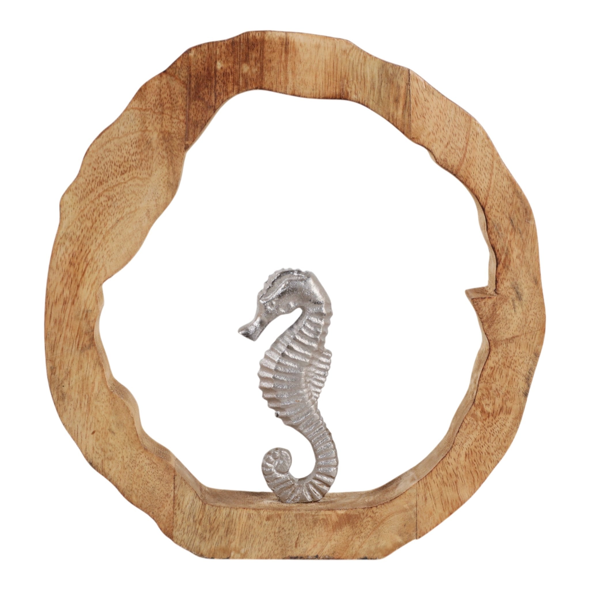 11x11" Seahorse In Wood Round, Silver/natural Table Decors| Sagebrook Home