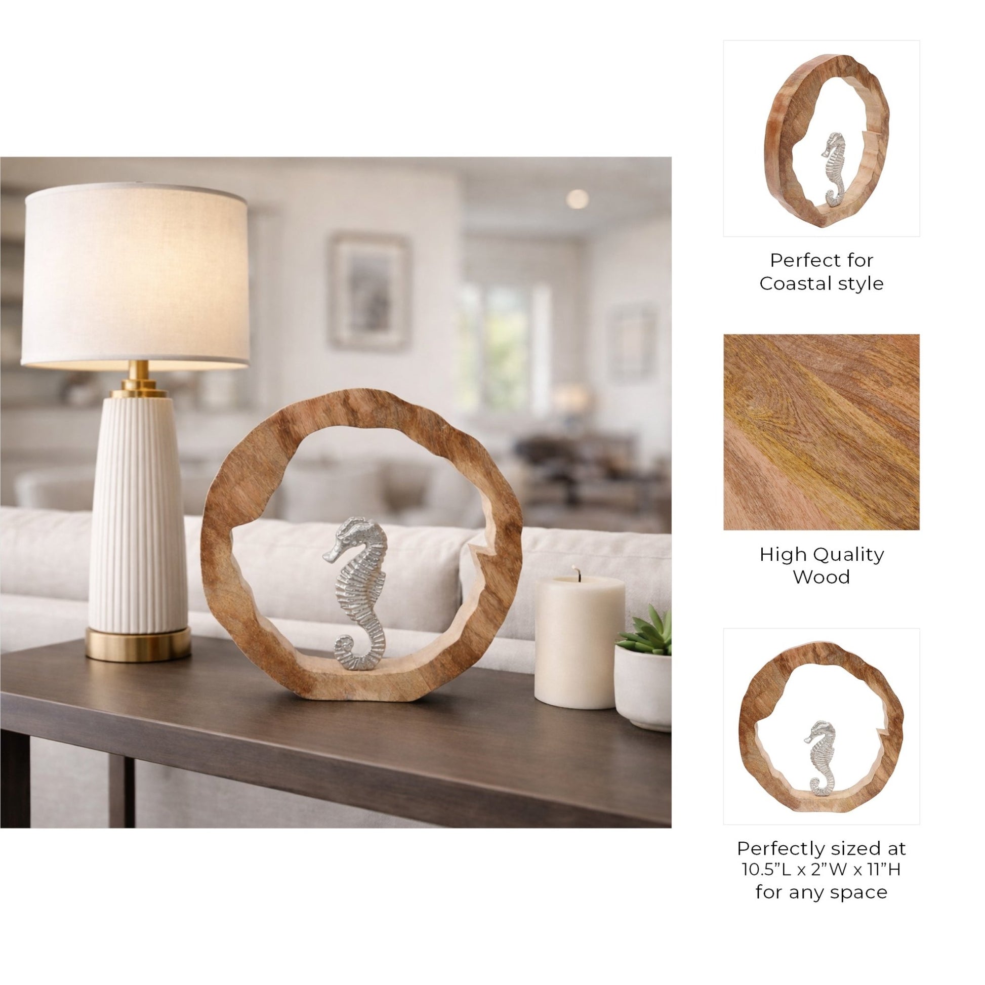 11x11" Seahorse In Wood Round, Silver/natural Table Decors| Sagebrook Home