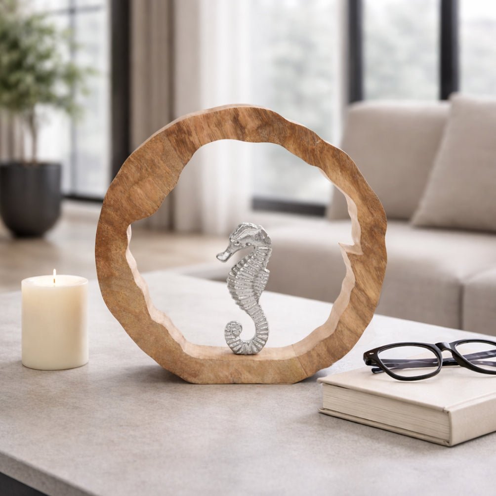 11x11" Seahorse In Wood Round, Silver/natural Table Decors| Sagebrook Home