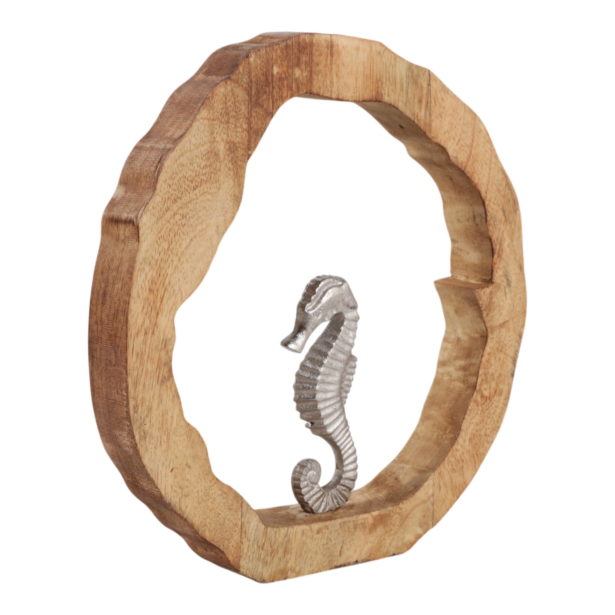 11x11" Seahorse In Wood Round, Silver/natural Table Decors| Sagebrook Home