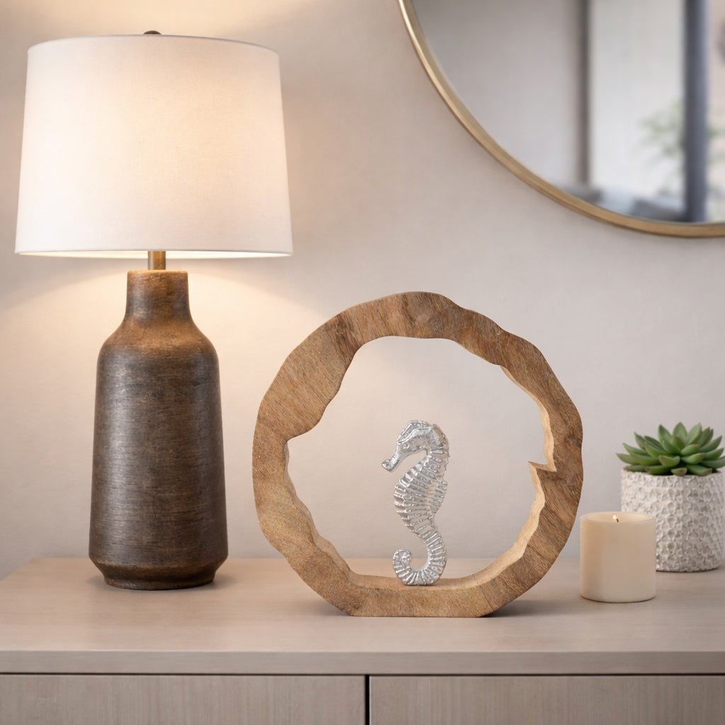 11x11" Seahorse In Wood Round, Silver/natural Table Decors| Sagebrook Home
