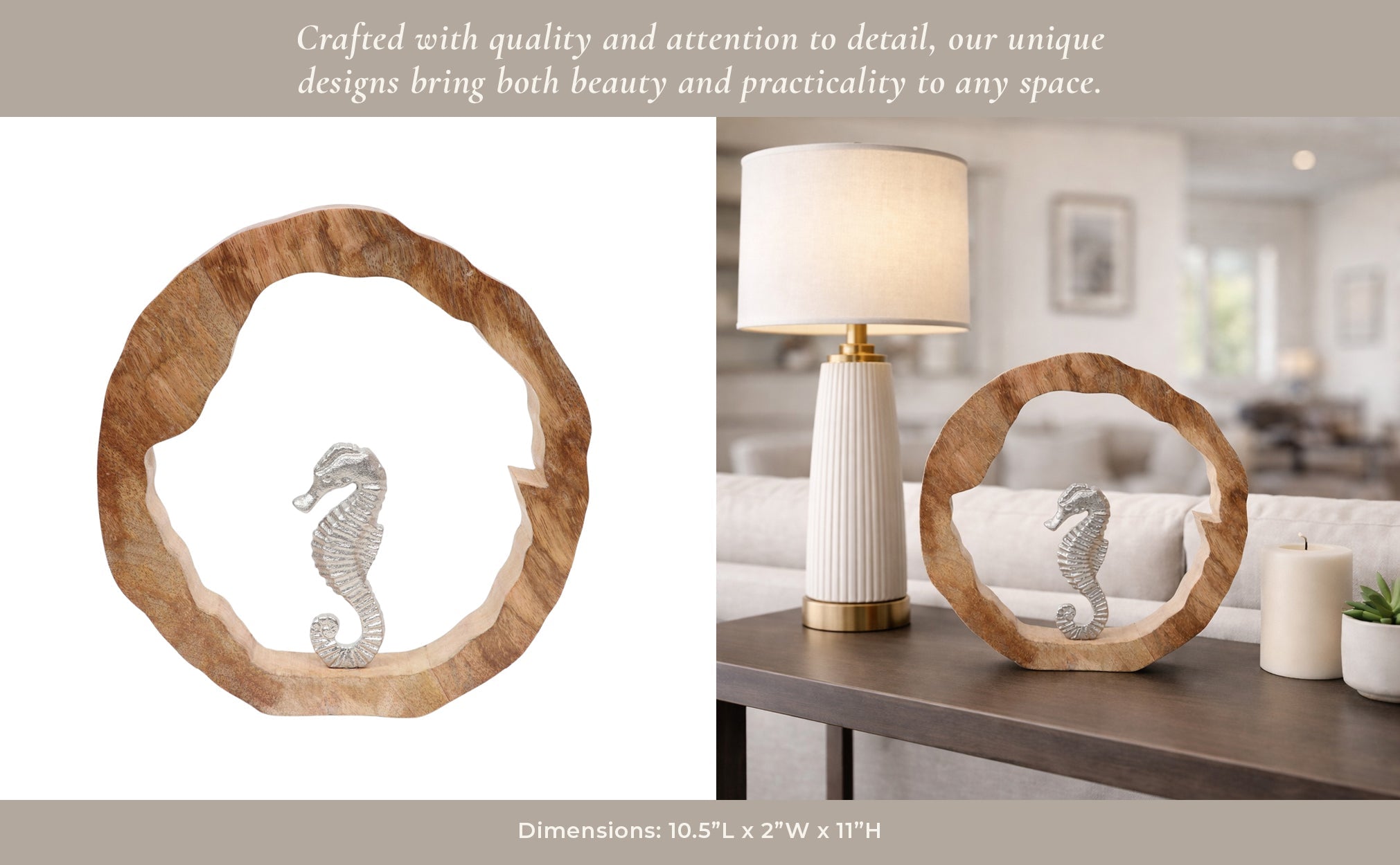11x11" Seahorse In Wood Round, Silver/natural Table Decors| Sagebrook Home
