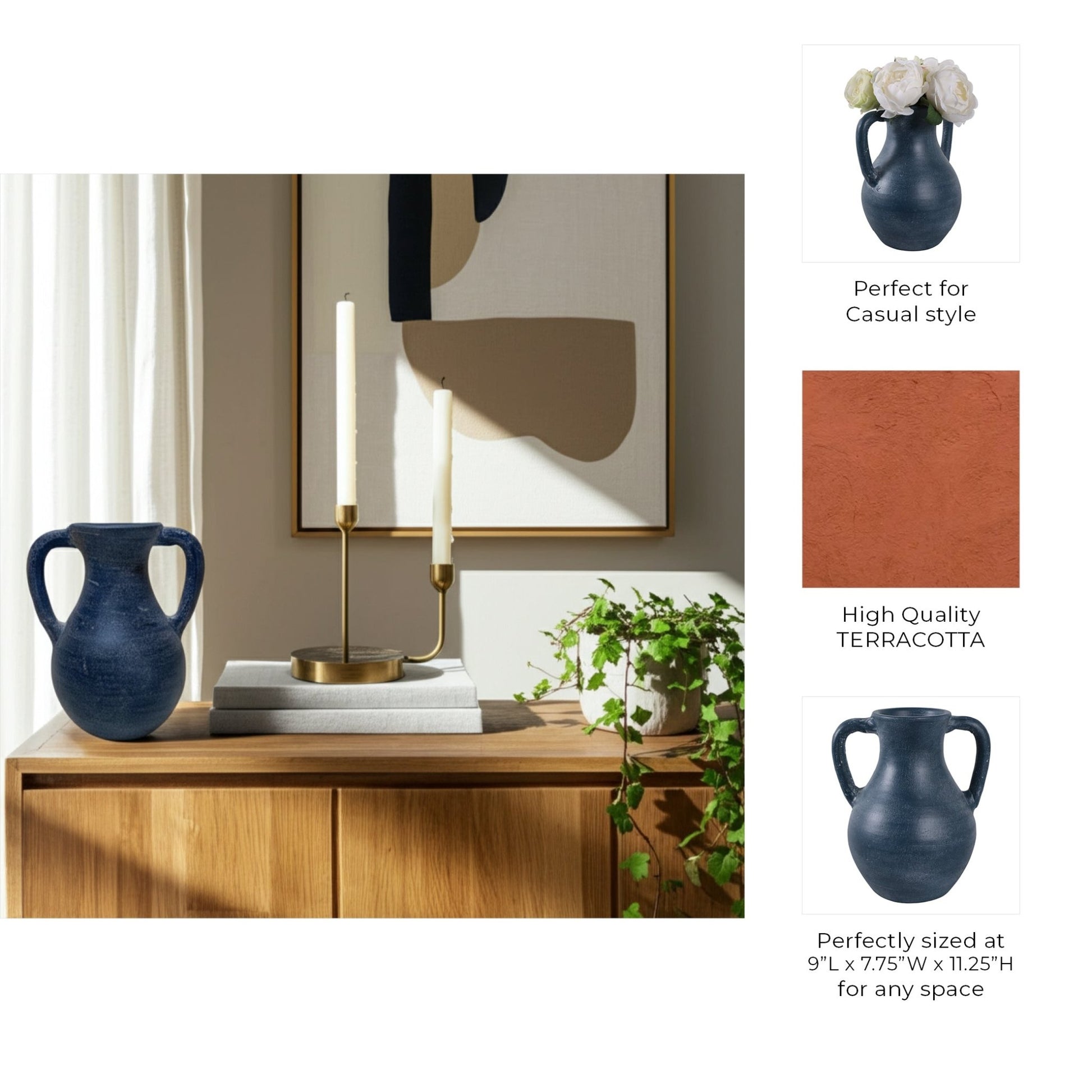 11x9" Terracotta Jug Vase With Handles, Blue Vases and Jars| Sagebrook Home