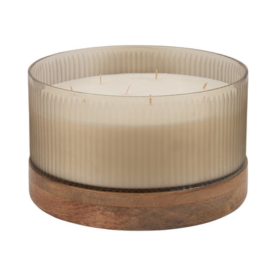 12" 183 Oz Glass Candle W/ Wood Base, Ivory - Al Rugaib Furniture