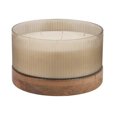 12" 183 Oz Glass Candle W/ Wood Base, Ivory - Al Rugaib Furniture