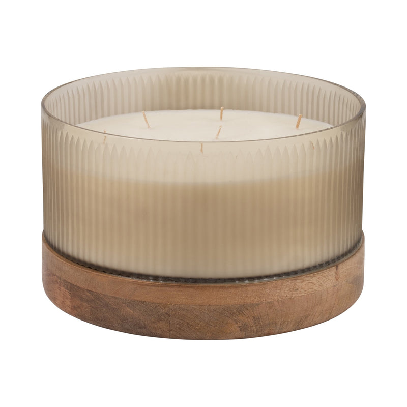 12" 183 Oz Glass Candle W/ Wood Base, Ivory - Al Rugaib Furniture