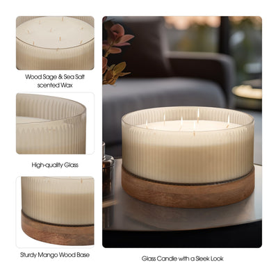 12" 183 Oz Glass Candle W/ Wood Base, Ivory - Al Rugaib Furniture