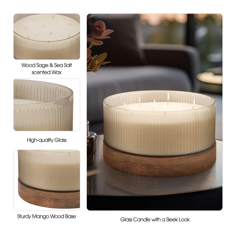 12" 183 Oz Glass Candle W/ Wood Base, Ivory - Al Rugaib Furniture