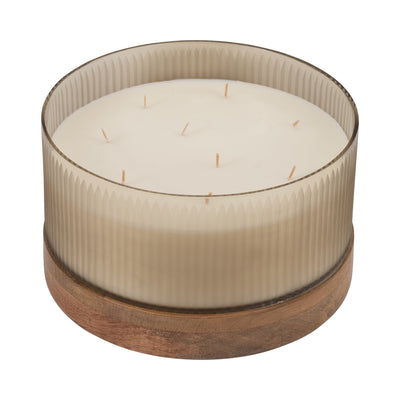 12" 183 Oz Glass Candle W/ Wood Base, Ivory - Al Rugaib Furniture