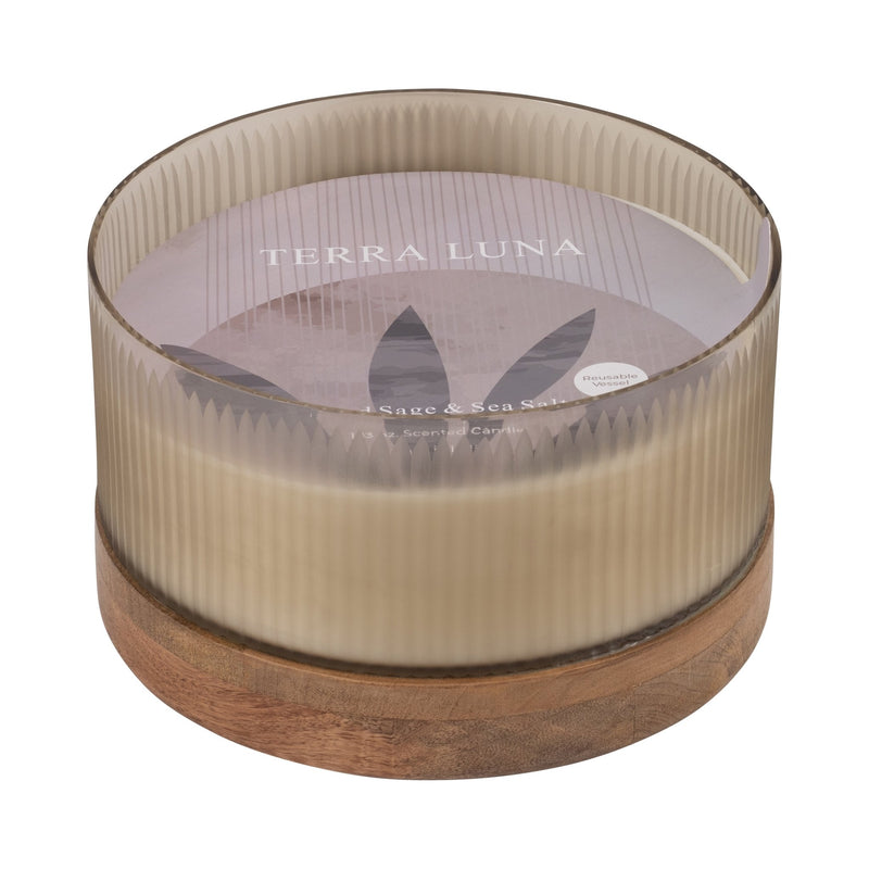 12" 183 Oz Glass Candle W/ Wood Base, Ivory - Al Rugaib Furniture