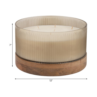 12" 183 Oz Glass Candle W/ Wood Base, Ivory - Al Rugaib Furniture