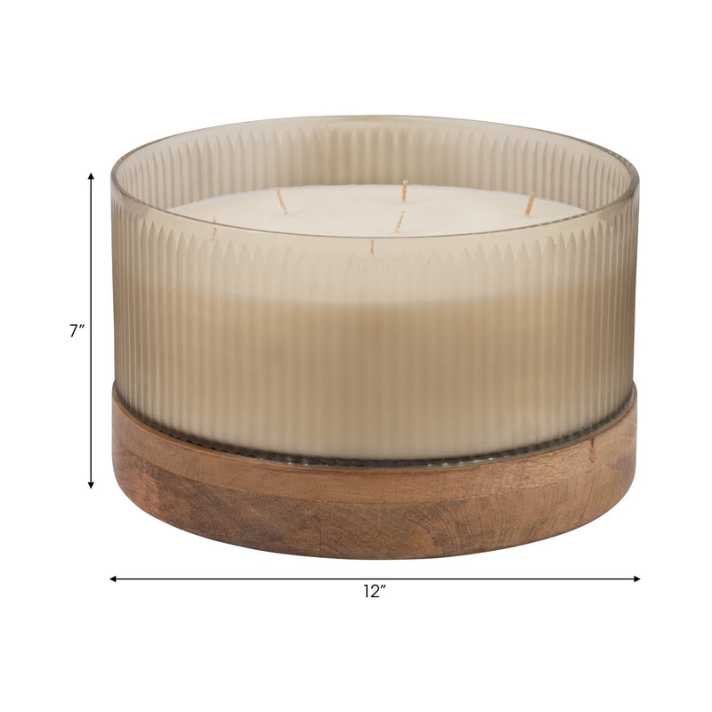 12" 183 Oz Glass Candle W/ Wood Base, Ivory - Al Rugaib Furniture