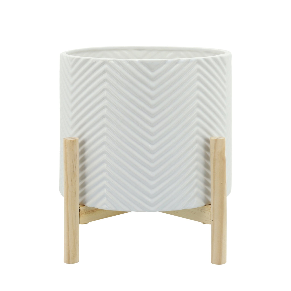 12" CERAMIC CHEVRON PLANTER W/ WOOD STAND, WHITE Outdoor Planters| Sagebrook Home