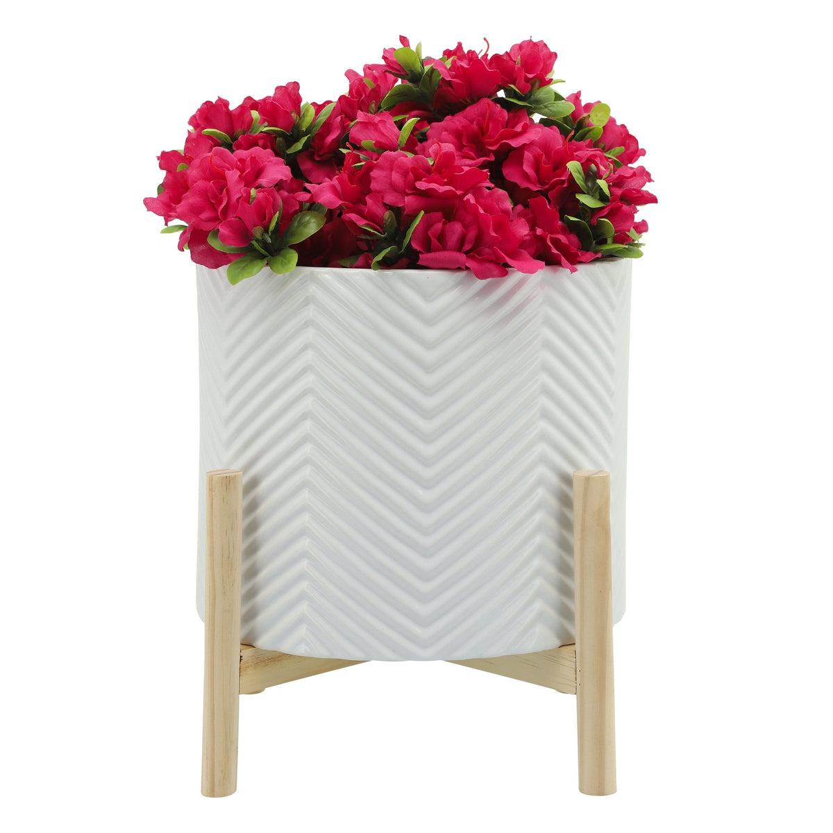 12" CERAMIC CHEVRON PLANTER W/ WOOD STAND, WHITE Outdoor Planters| Sagebrook Home