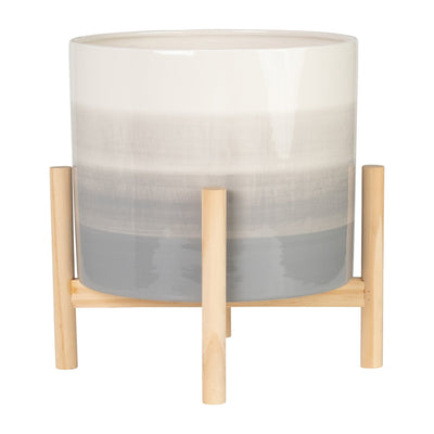 12" Ceramic Planter W/ Wood Stand, Beige Mix - Al Rugaib Furniture