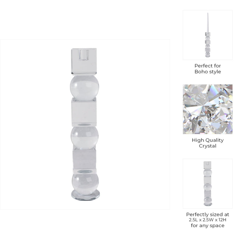 12" Crystal Orbs & Blocks Taper Candleholder, Clea - Al Rugaib Furniture