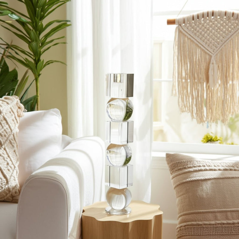 12" Crystal Orbs & Blocks Taper Candleholder, Clea - Al Rugaib Furniture