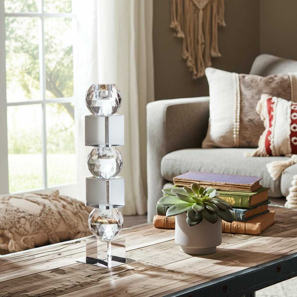 12" FACETED CRYSTAL ORBS CRYSTAL TAPERHOLDER, CLEA Candle Holders| Sagebrook Home