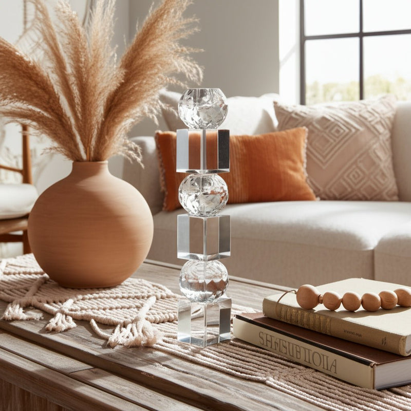 12" FACETED CRYSTAL ORBS CRYSTAL TAPERHOLDER, CLEA - Al Rugaib Furniture