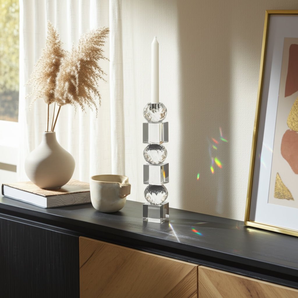 12" FACETED CRYSTAL ORBS CRYSTAL TAPERHOLDER, CLEA Candle Holders| Sagebrook Home