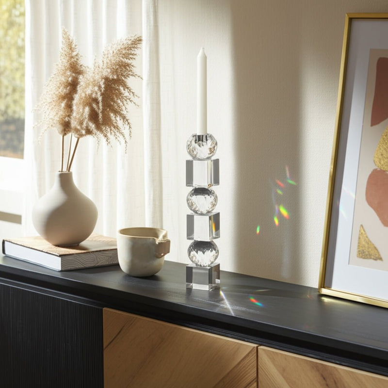 12" FACETED CRYSTAL ORBS CRYSTAL TAPERHOLDER, CLEA - Al Rugaib Furniture