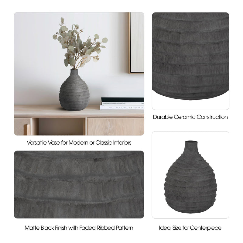 12" Faded Ribbed Bulbous Vase, Black - Al Rugaib Furniture