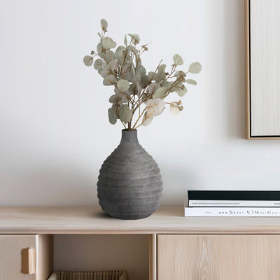 12" Faded Ribbed Bulbous Vase, Black - Al Rugaib Furniture