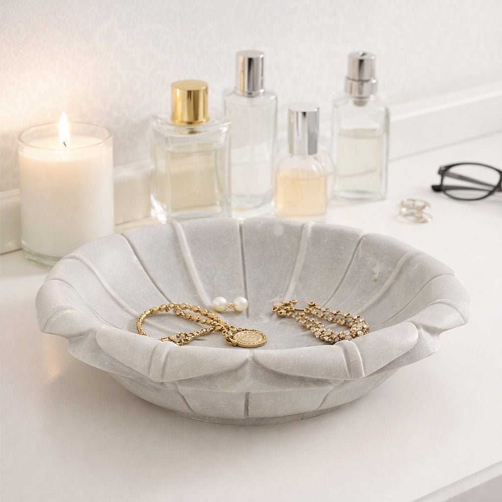 12" Flower Shaped Marble Bowl, White Bowl| Sagebrook Home