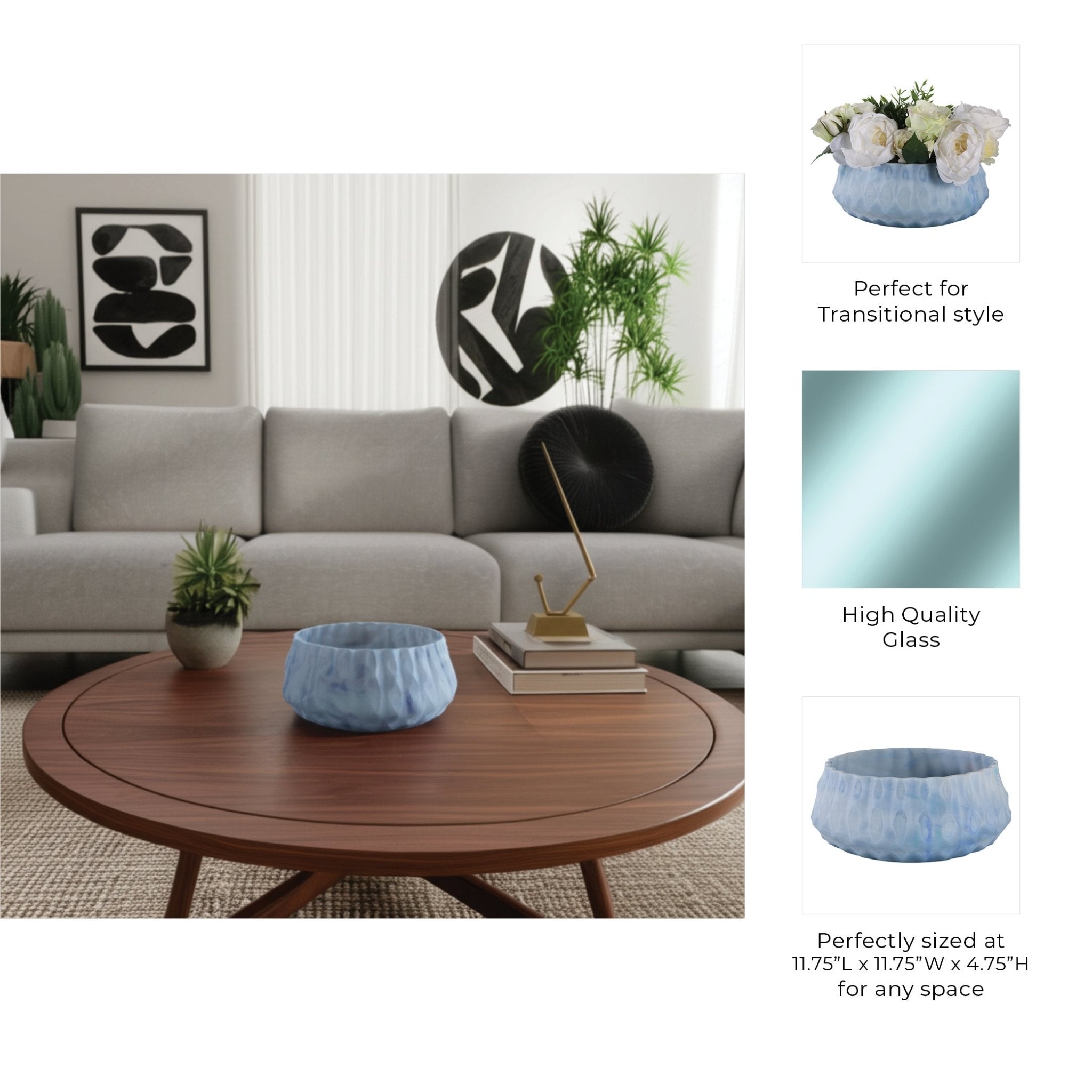 12" Warwick Blue Carved Glass Bowl Table Decors| Sagebrook Home