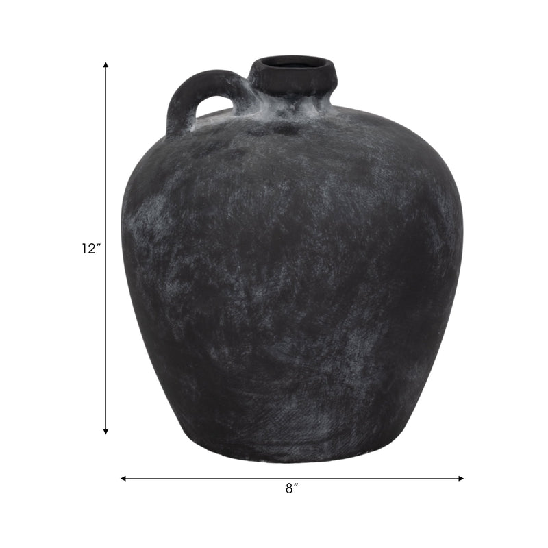 12" Weathered Terracotta Jug With Handle, Black - Al Rugaib Furniture