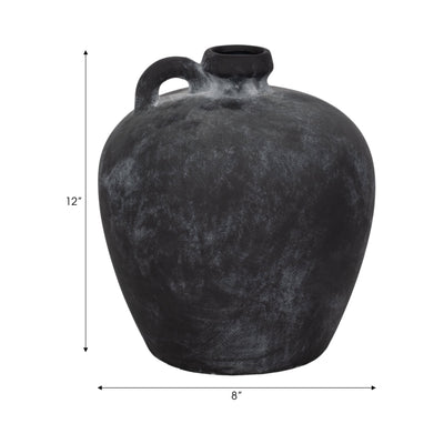 12" Weathered Terracotta Jug With Handle, Black - Al Rugaib Furniture