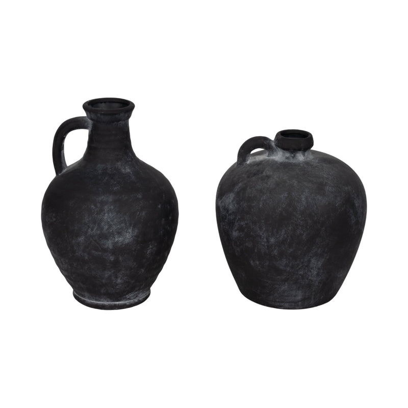 12" Weathered Terracotta Jug With Handle, Black - Al Rugaib Furniture