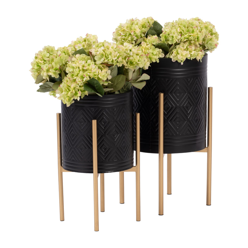 S/2 AZTEC PLANTER ON METAL STAND, BLACK/GOLD