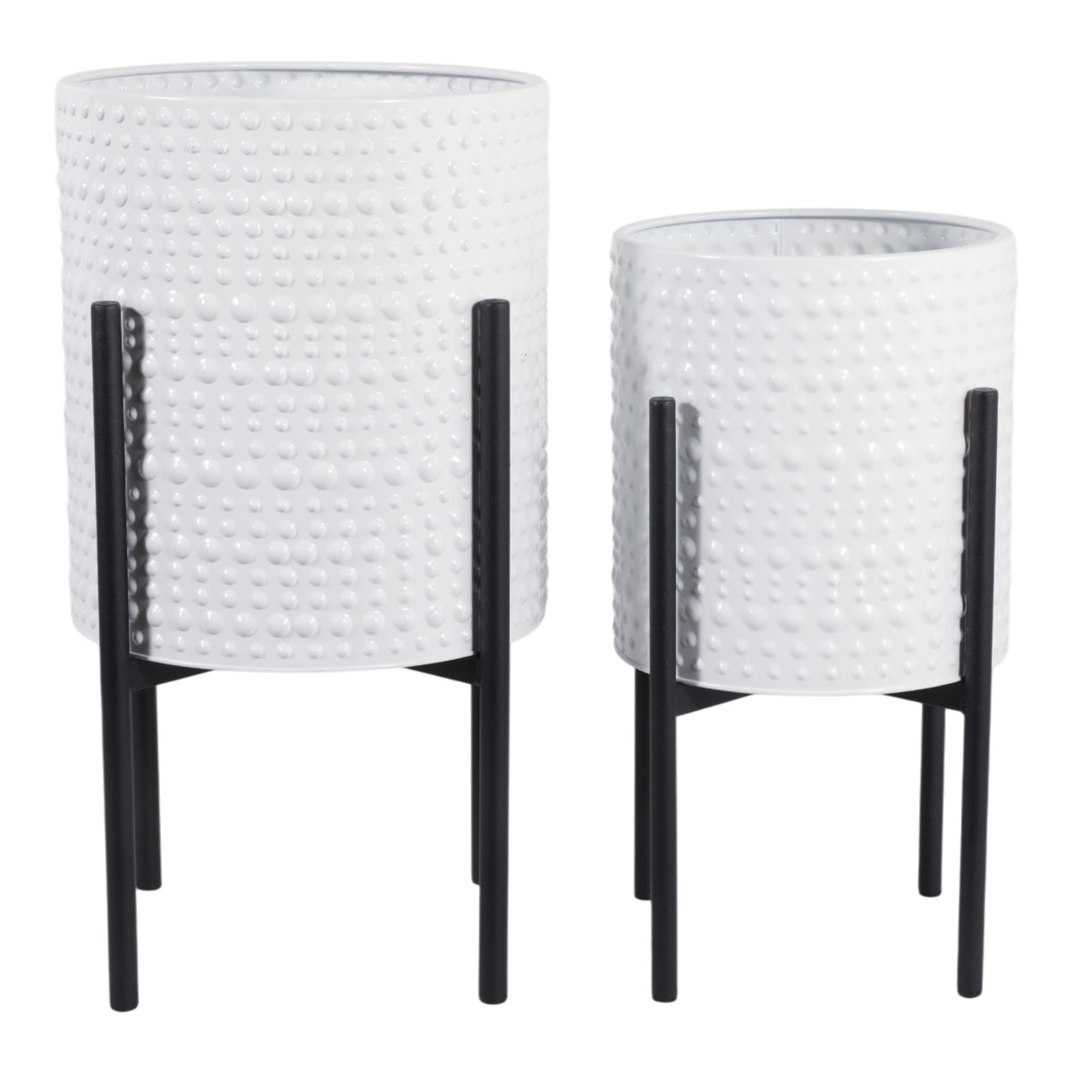 S/2 DOTTED PLANTERS IN METAL STAND, WHITE