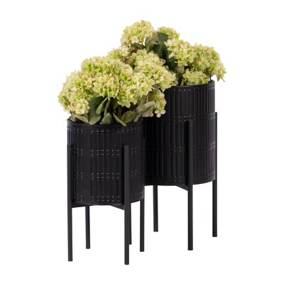 S/2 RIDGED PLANTERS IN METAL STAND, BLACK