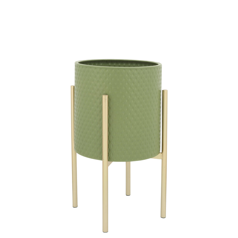 S/2 DIAMOND PLANTER ON METAL STAND, OLIVE/GOLD