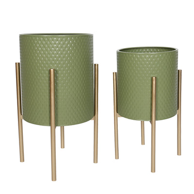S/2 DIAMOND PLANTER ON METAL STAND, OLIVE/GOLD