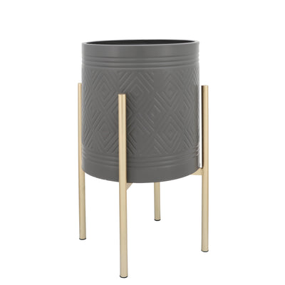 S/2 AZTEC PLANTER ON METAL STAND, GRAY/GOLD