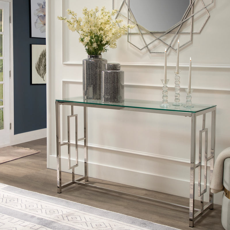 SILVER METAL/GLASS CONSOLE TABLE