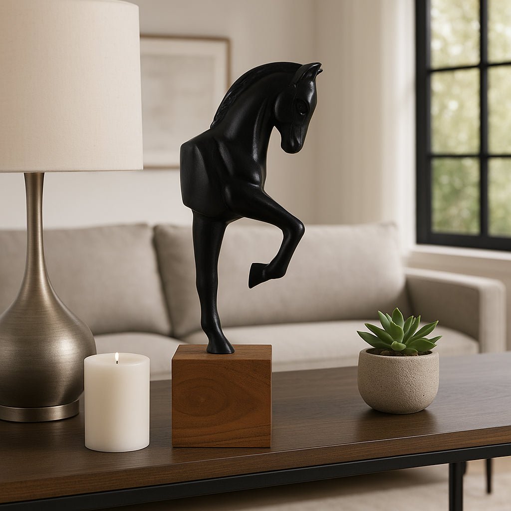 12x4" Galloping Horse On Wood Stand, Black/ Brown Table Decors| Sagebrook Home