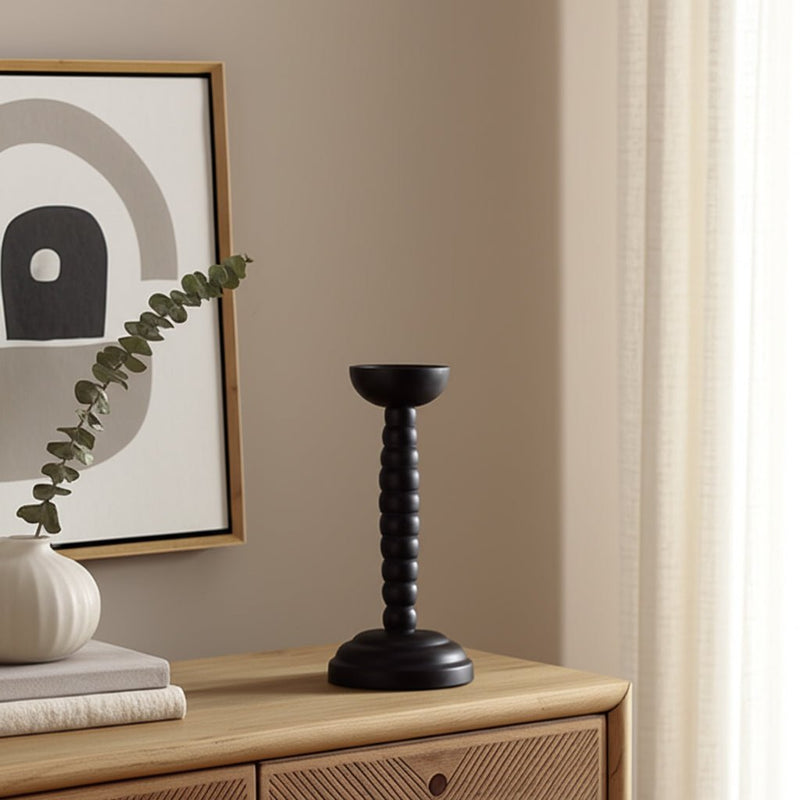 12x5" Stacked Pillar & Taper Holder, Black - Al Rugaib Furniture