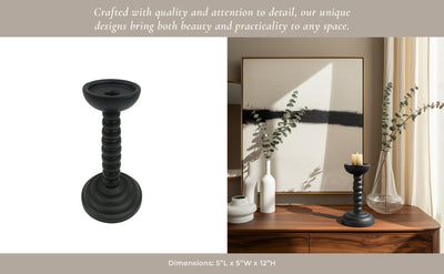 12x5" Stacked Pillar & Taper Holder, Black - Al Rugaib Furniture