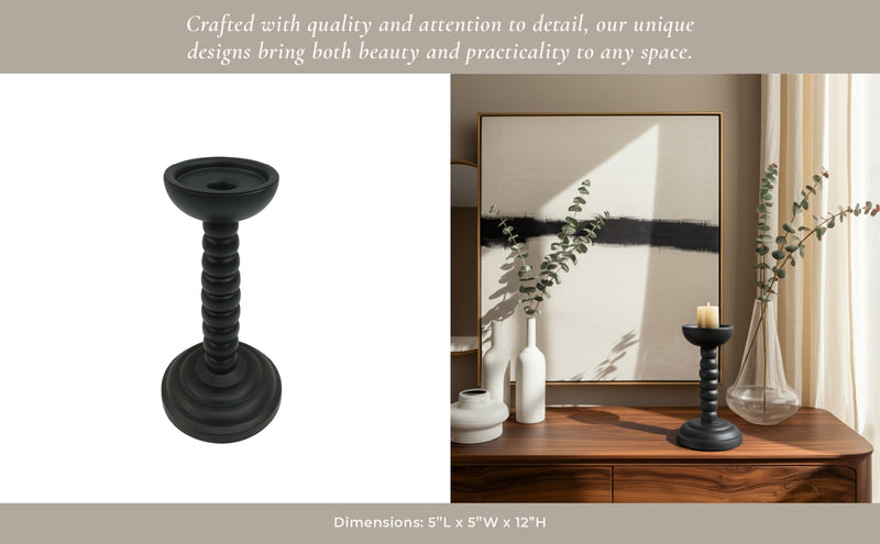12x5" Stacked Pillar & Taper Holder, Black - Al Rugaib Furniture
