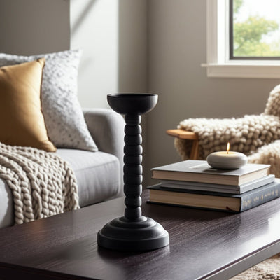 12x5" Stacked Pillar & Taper Holder, Black - Al Rugaib Furniture