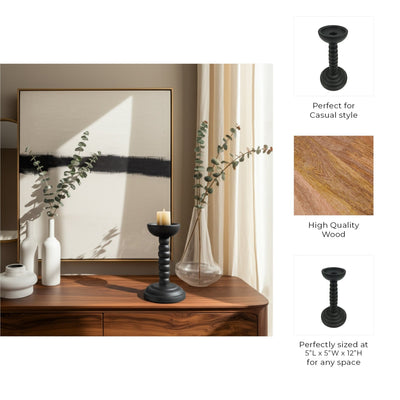 12x5" Stacked Pillar & Taper Holder, Black - Al Rugaib Furniture