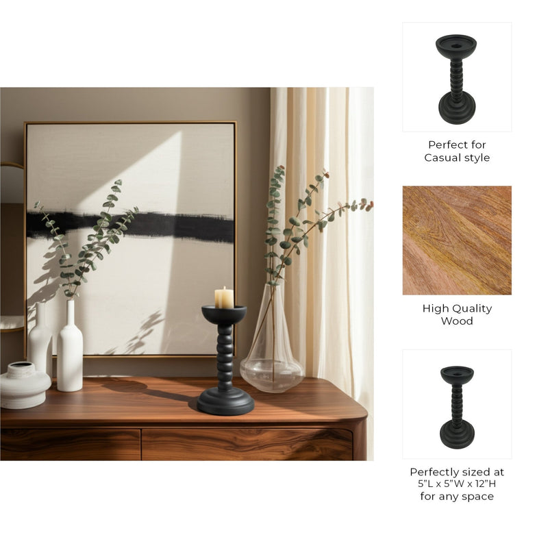 12x5" Stacked Pillar & Taper Holder, Black - Al Rugaib Furniture