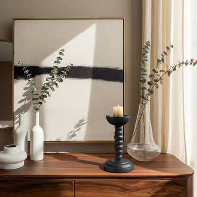 12x5" Stacked Pillar & Taper Holder, Black - Al Rugaib Furniture